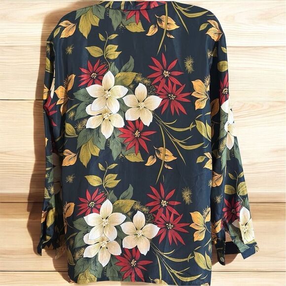 COACO Women's Black Tropical Print Floral Silk Blouse Long Sleeve Button Down - Picture 3 of 8